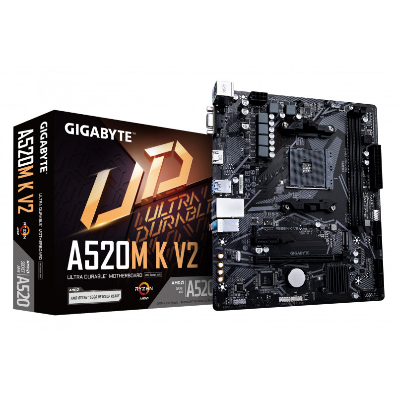 GIGABYTE Carte mère A520M K V2 - Prend en charge les processeurs AMD Ryzen série 5000 AM4, jusqu'à 5100MHz DDR4 (OC), PCIe Gen3